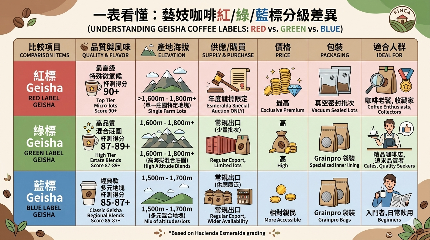 藝妓咖啡紅/綠/藍標的分級差異